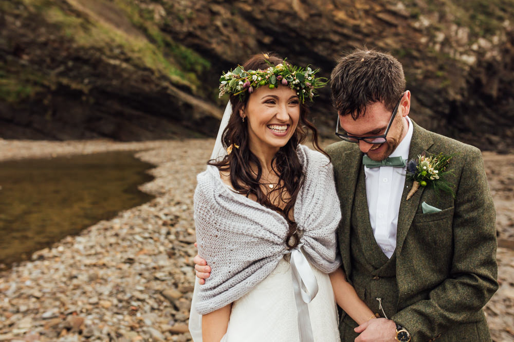 Bride Bridal Dress Gown Charlotte Balbier Lace Straps Flower Crown Shawl Druidstone Wedding Florence Fox Photography