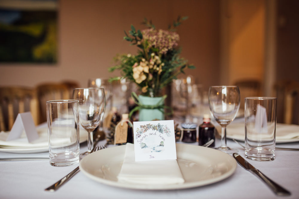 Place Setting Illustrated Autumn Leaf Table Place Card Name Druidstone Wedding Florence Fox Photography