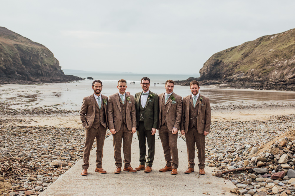 Groom Groomsmen Suits Brown Tweed Green Ties Druidstone Wedding Florence Fox Photography