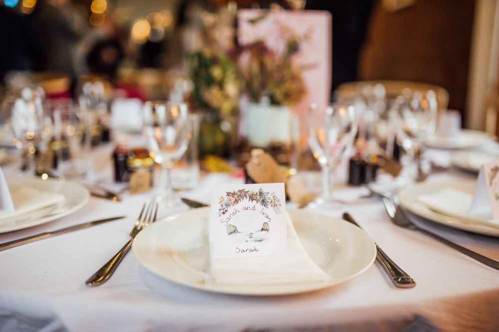 Place Setting Illustrated Autumn Leaf Table Place Card Name Druidstone Wedding Florence Fox Photography
