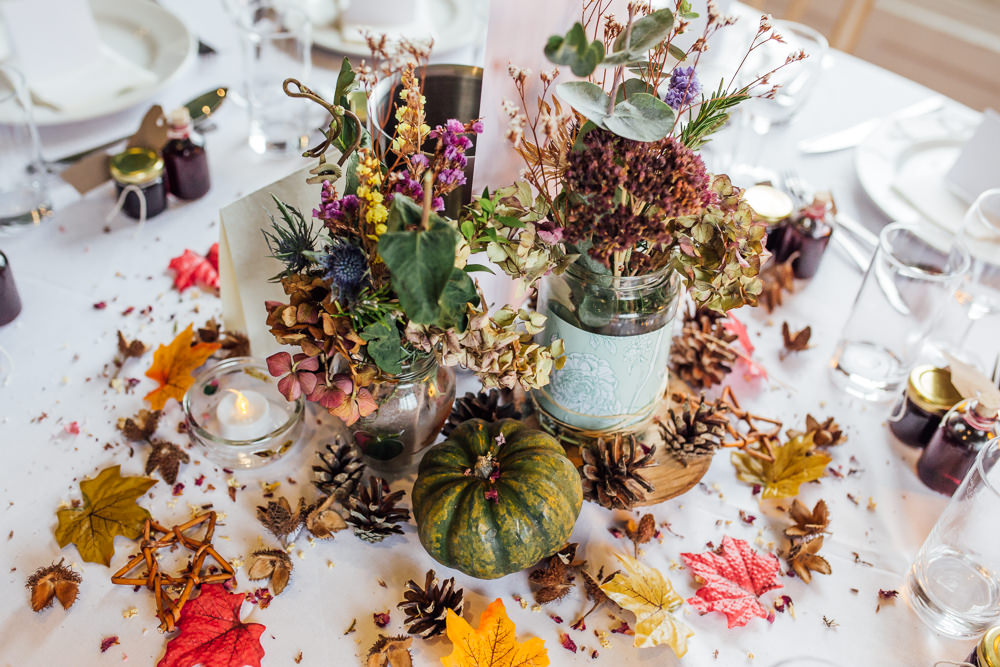 Table Centrepiece Flowers Jar Log Slice Pinecones Decor Leaf Leaves Pumpkin Druidstone Wedding Florence Fox Photography