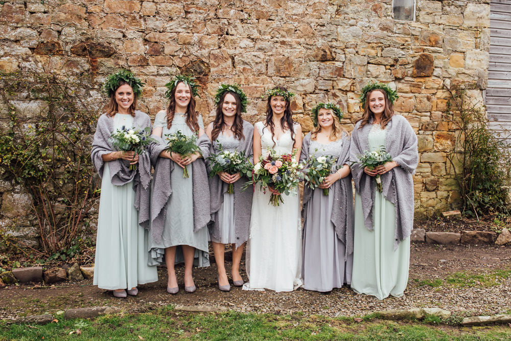 Bridesmaids Flower Crowns Greenery Foliage Bouquets Grey Green Dresses Shawls Druidstone Wedding Florence Fox Photography