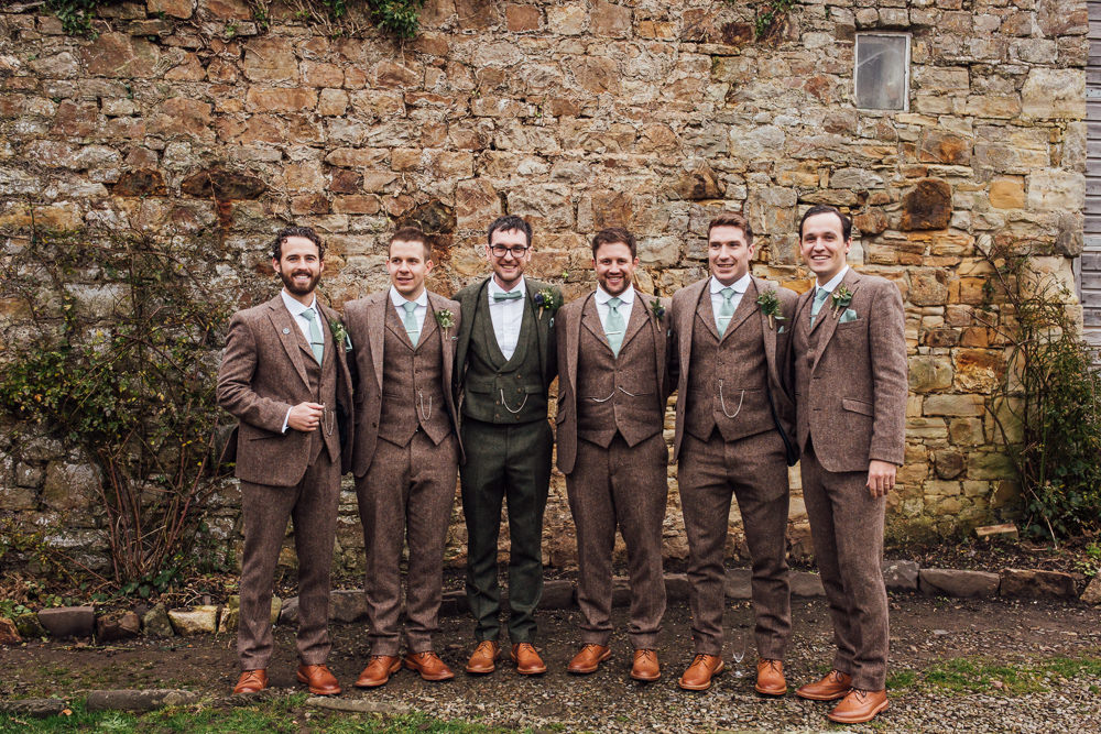 Groom Groomsmen Suits Brown Tweed Green Ties Druidstone Wedding Florence Fox Photography