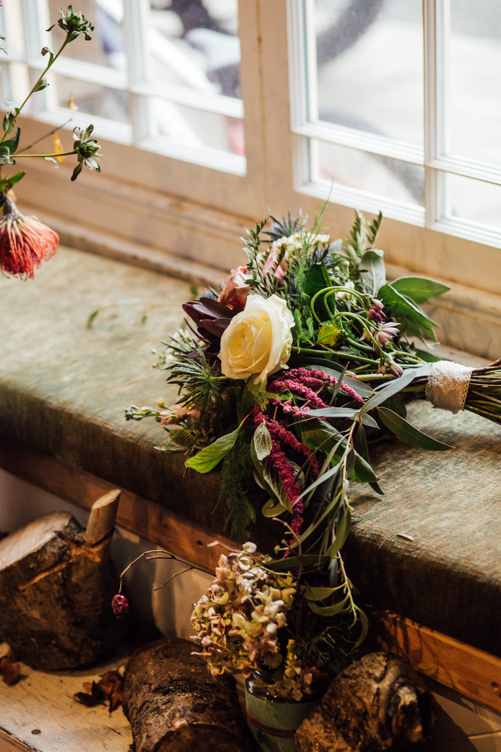 Flowers Bride Bridal Bouquet Thistle Rose Greenery Foliage Druidstone Wedding Florence Fox Photography