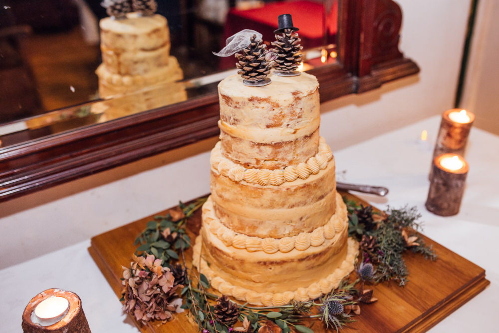 Semi Naked Cake Pine Cone Topper Druidstone Wedding Florence Fox Photography
