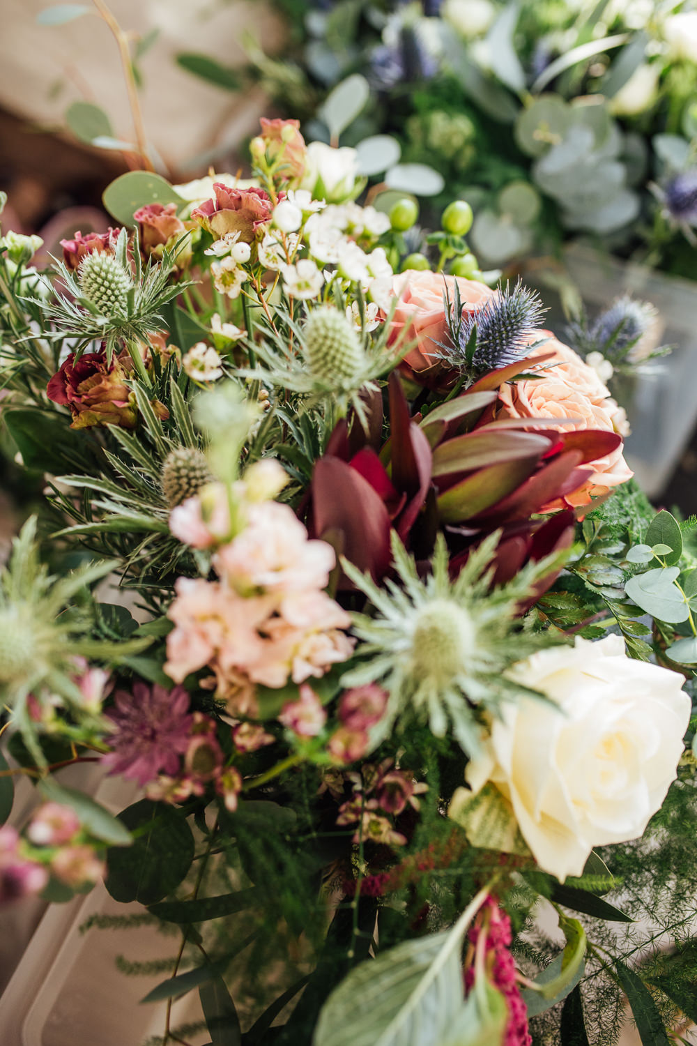 Flowers Bride Bridal Bouquet Thistle Rose Greenery Foliage Druidstone Wedding Florence Fox Photography