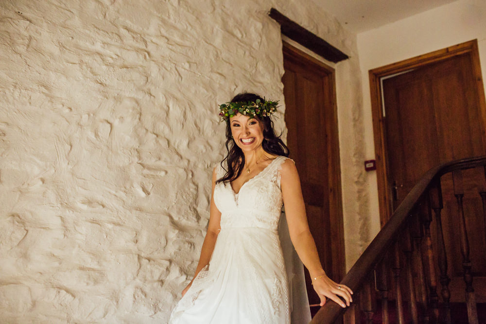 Flower Crown Bride Bridal Dress Gown Charlotte Balbier Lace Straps Druidstone Wedding Florence Fox Photography