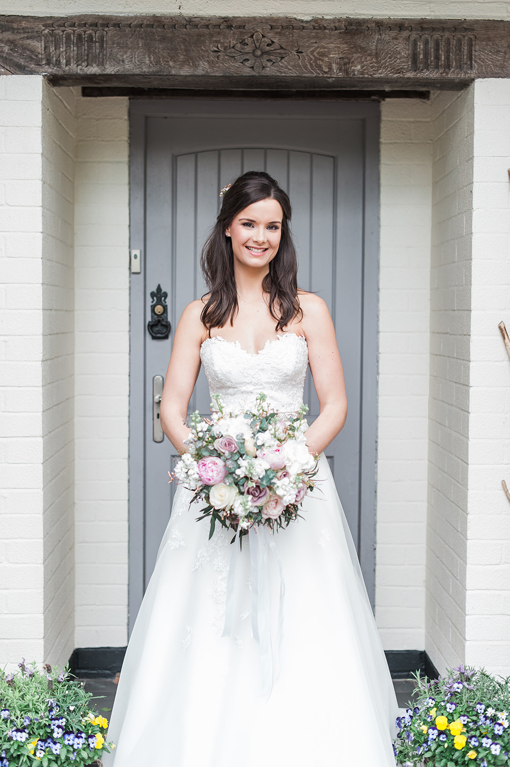 Bride Bridal Gown Dress Strapless Sweetheart Neckline Ribbon Belt Pink Rose Peony Bouquet Edmondsham House Wedding Darima Frampton Photography