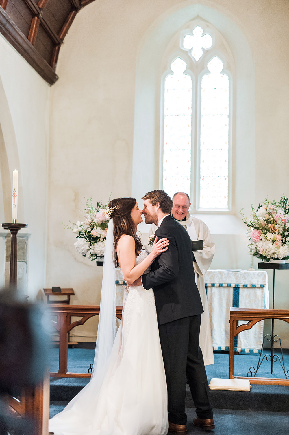 Bride Bridal Gown Dress Strapless Sweetheart Neckline Ribbon Belt Pink Blue Suit Groom Veil Edmondsham House Wedding Darima Frampton Photography