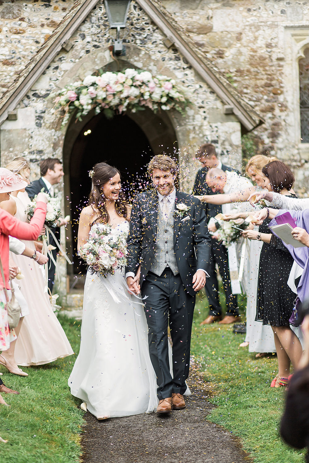 Bride Bridal Gown Dress Strapless Sweetheart Neckline Ribbon Belt Pink Blue Suit Groom Confetti Edmondsham House Wedding Darima Frampton Photography