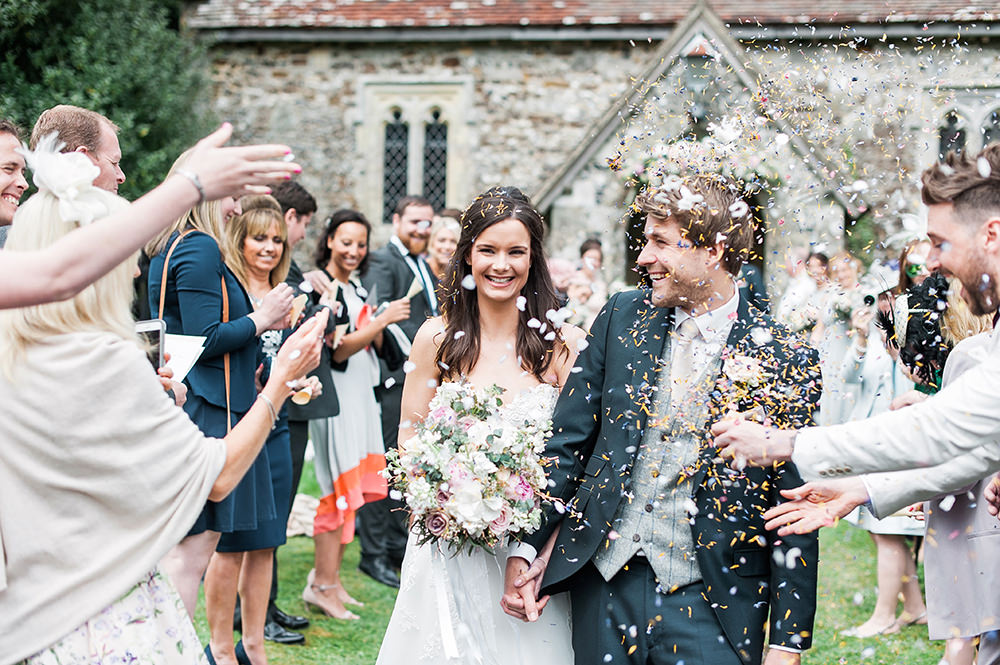Bride Bridal Gown Dress Strapless Sweetheart Neckline Ribbon Belt Pink Blue Suit Groom Confetti Edmondsham House Wedding Darima Frampton Photography