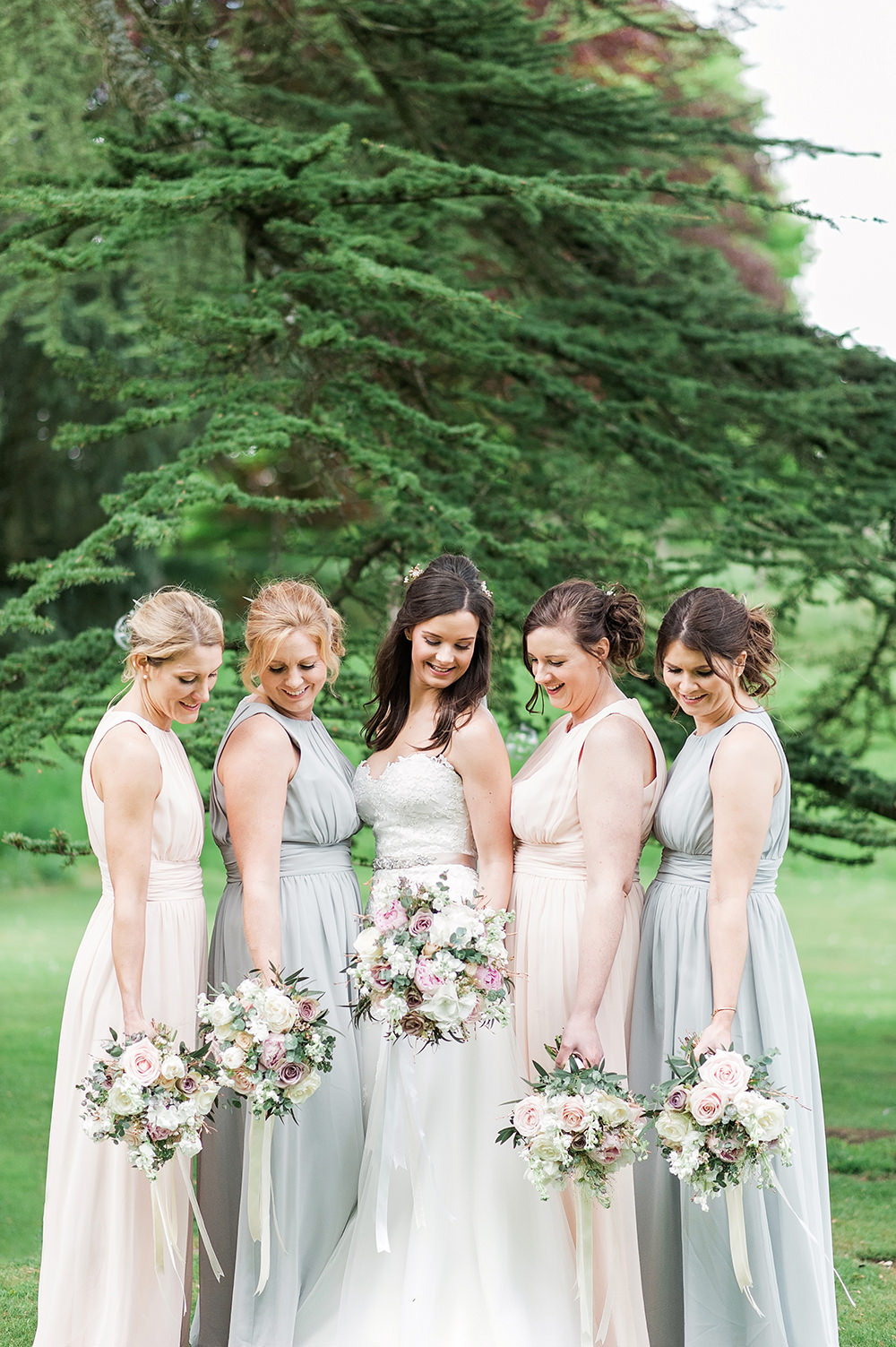 Bride Bridal Gown Dress Strapless Sweetheart Neckline Ribbon Belt Pink Mismatched Pastel Bridesmaids Edmondsham House Wedding Darima Frampton Photography