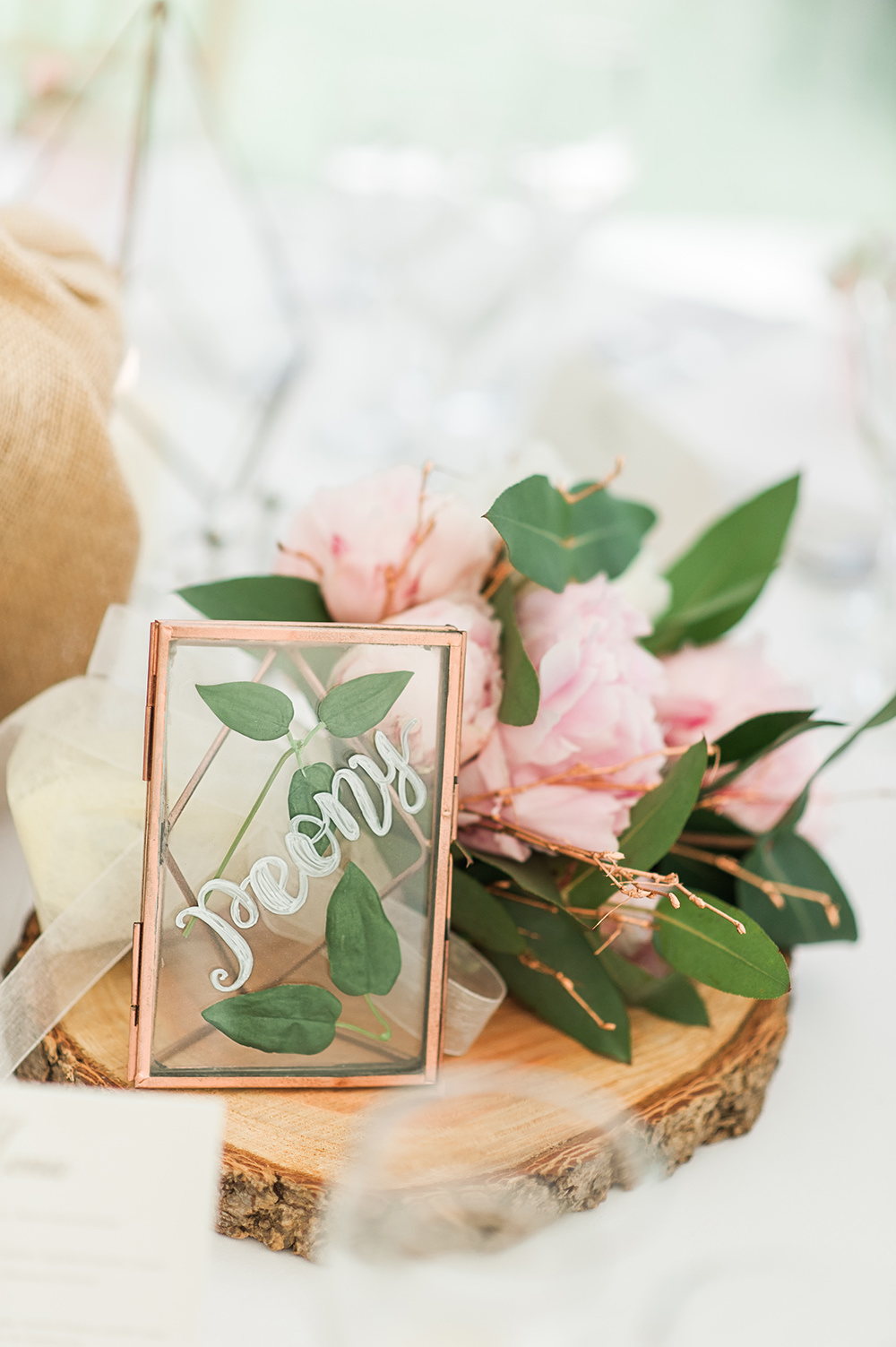 Table Name Wood Slice Frame Calligraphy Glass Edmondsham House Wedding Darima Frampton Photography