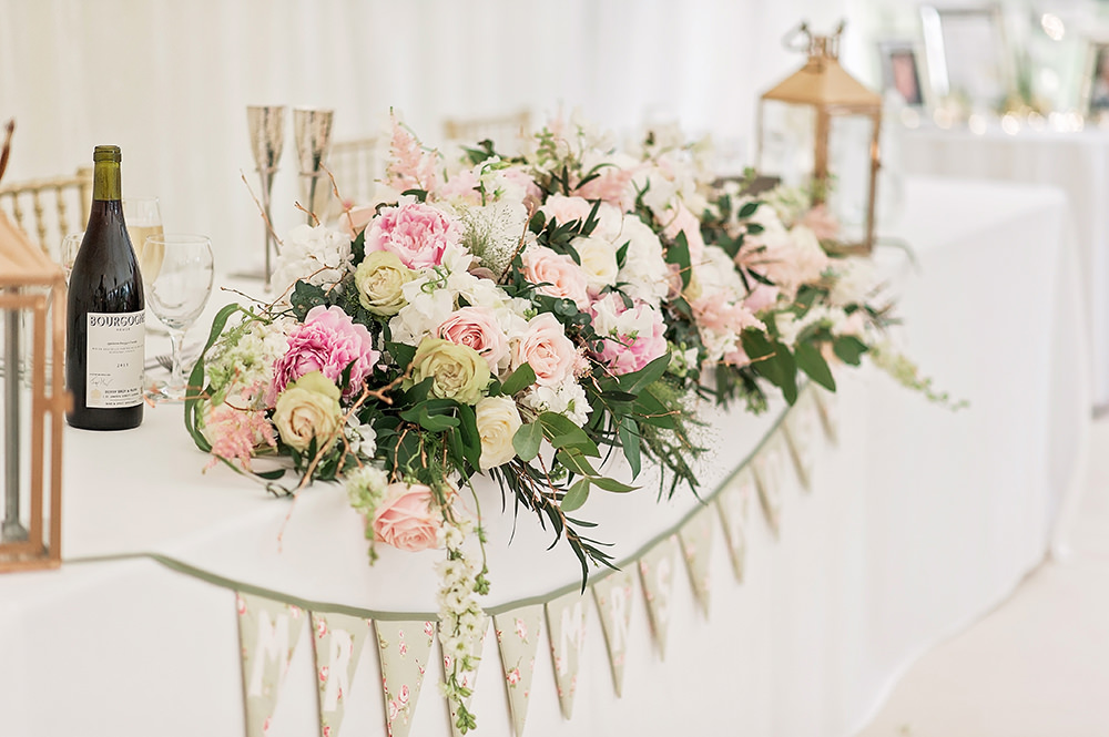 Top Table Pink Rose White Centrepiece Top Table Runner Edmondsham House Wedding Darima Frampton Photography