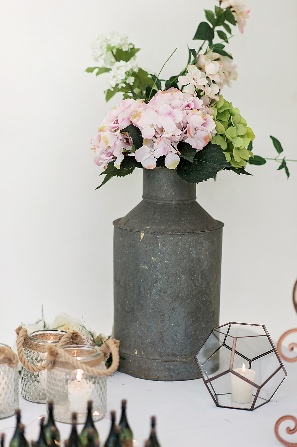 Milk Churn Floral Arrangement Geometric Candle Holiday Edmondsham House Wedding Darima Frampton Photography