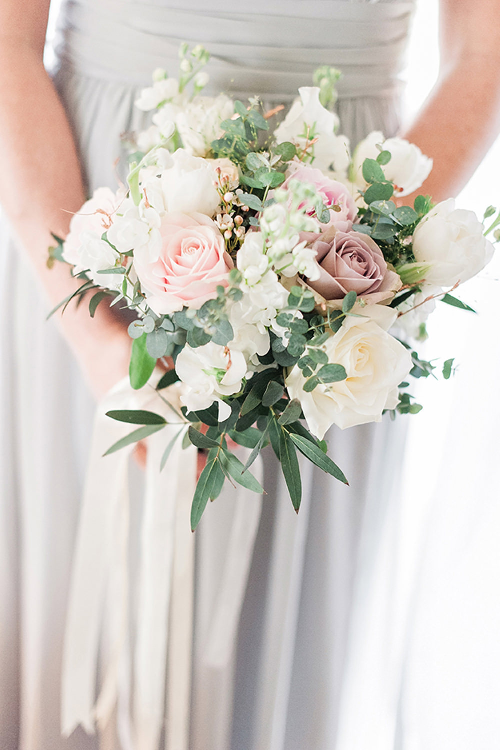 Bride Bridal Bridesmaids Bouquet Pink White Blush Roses Greenery Foliage Edmondsham House Wedding Darima Frampton Photography