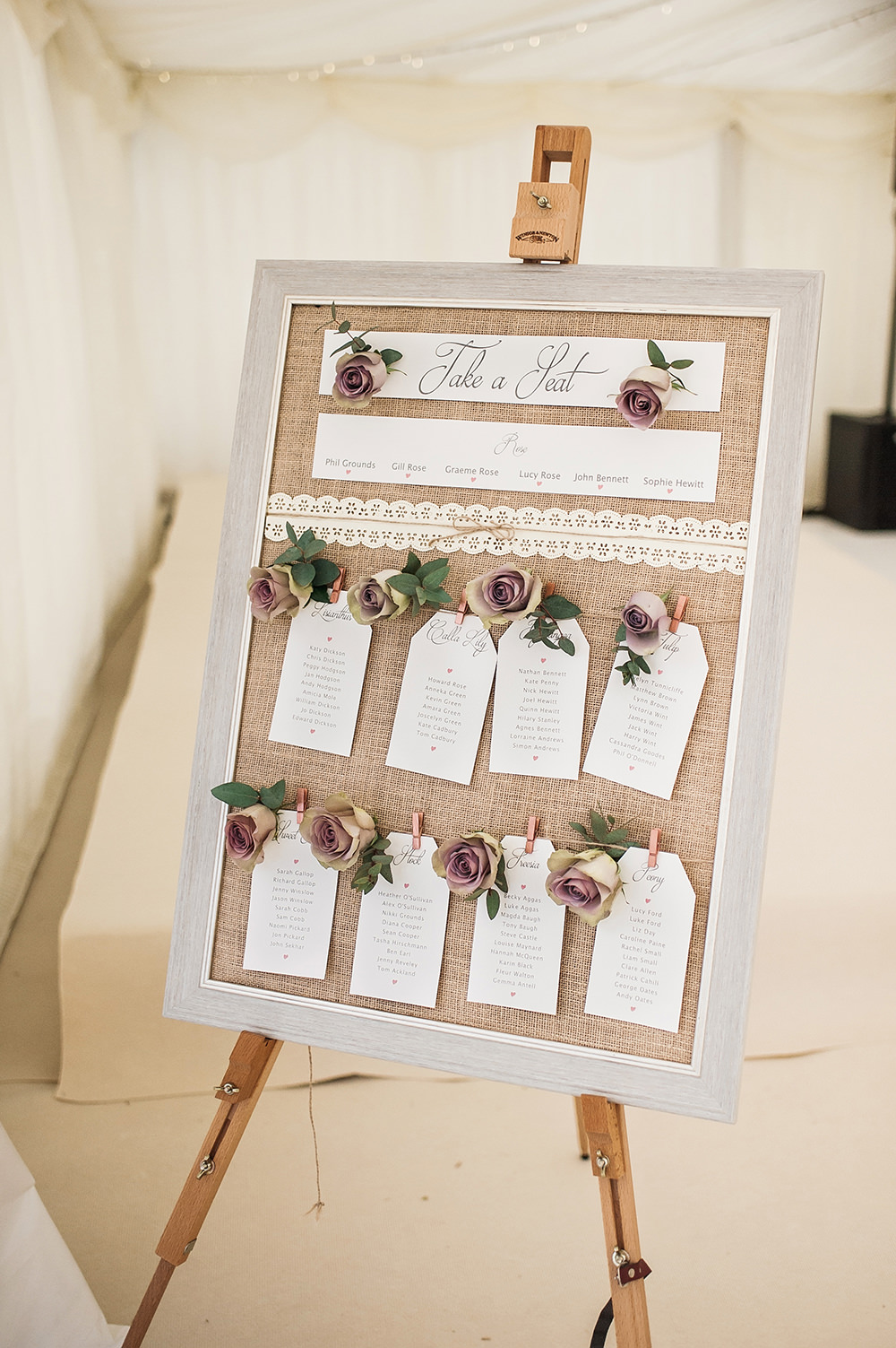 Table Plan Burlap Hessian Rose Tag Easel Edmondsham House Wedding Darima Frampton Photography