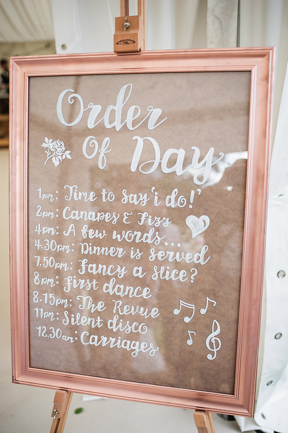 Order of the Day Frame Glass Calligraphy Easel Sign Edmondsham House Wedding Darima Frampton Photography