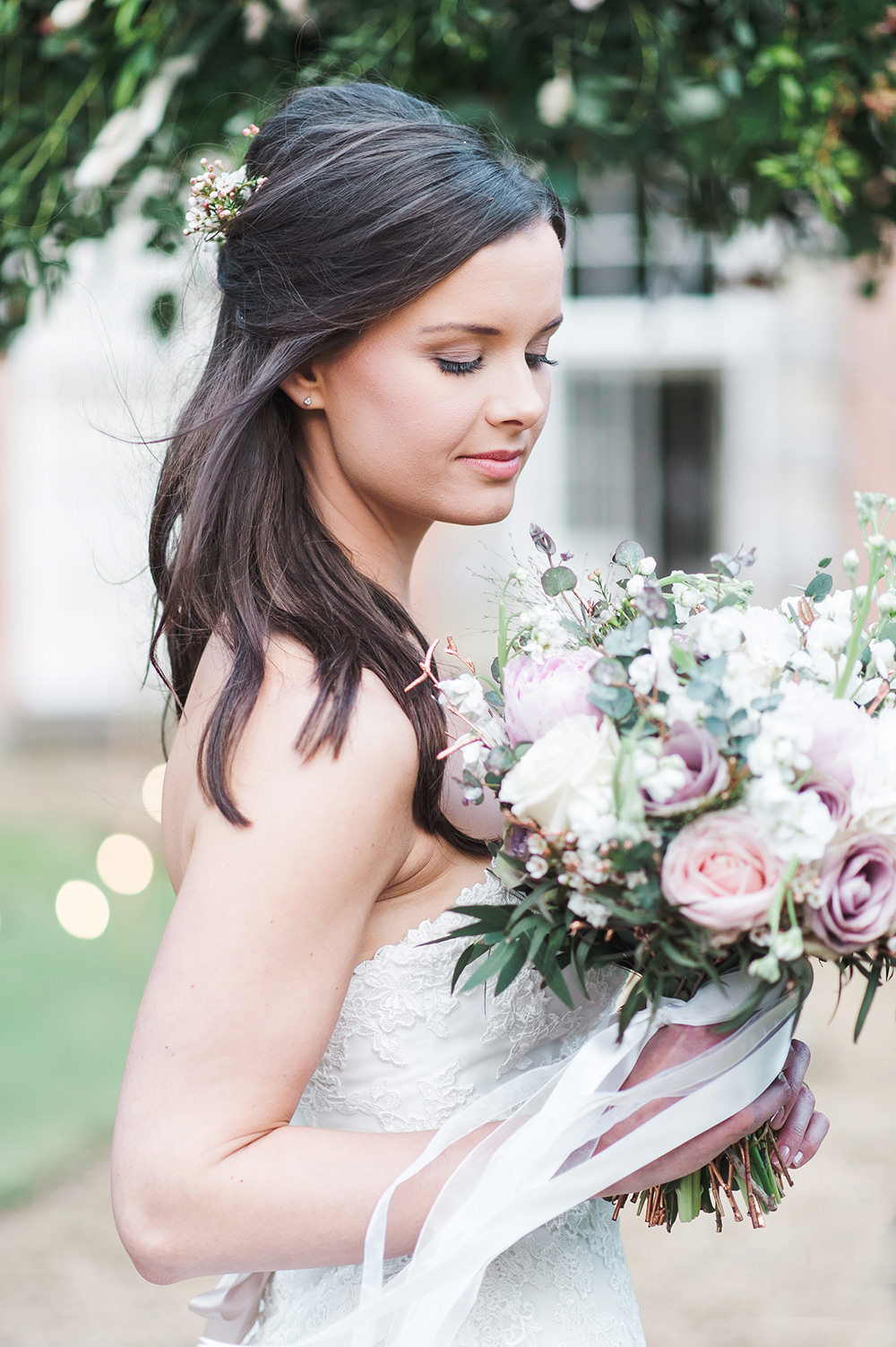 Bride Bridal Gown Dress Strapless Sweetheart Neckline Ribbon Belt Pink Bouquet Rose Peony Ribbon Edmondsham House Wedding Darima Frampton Photography