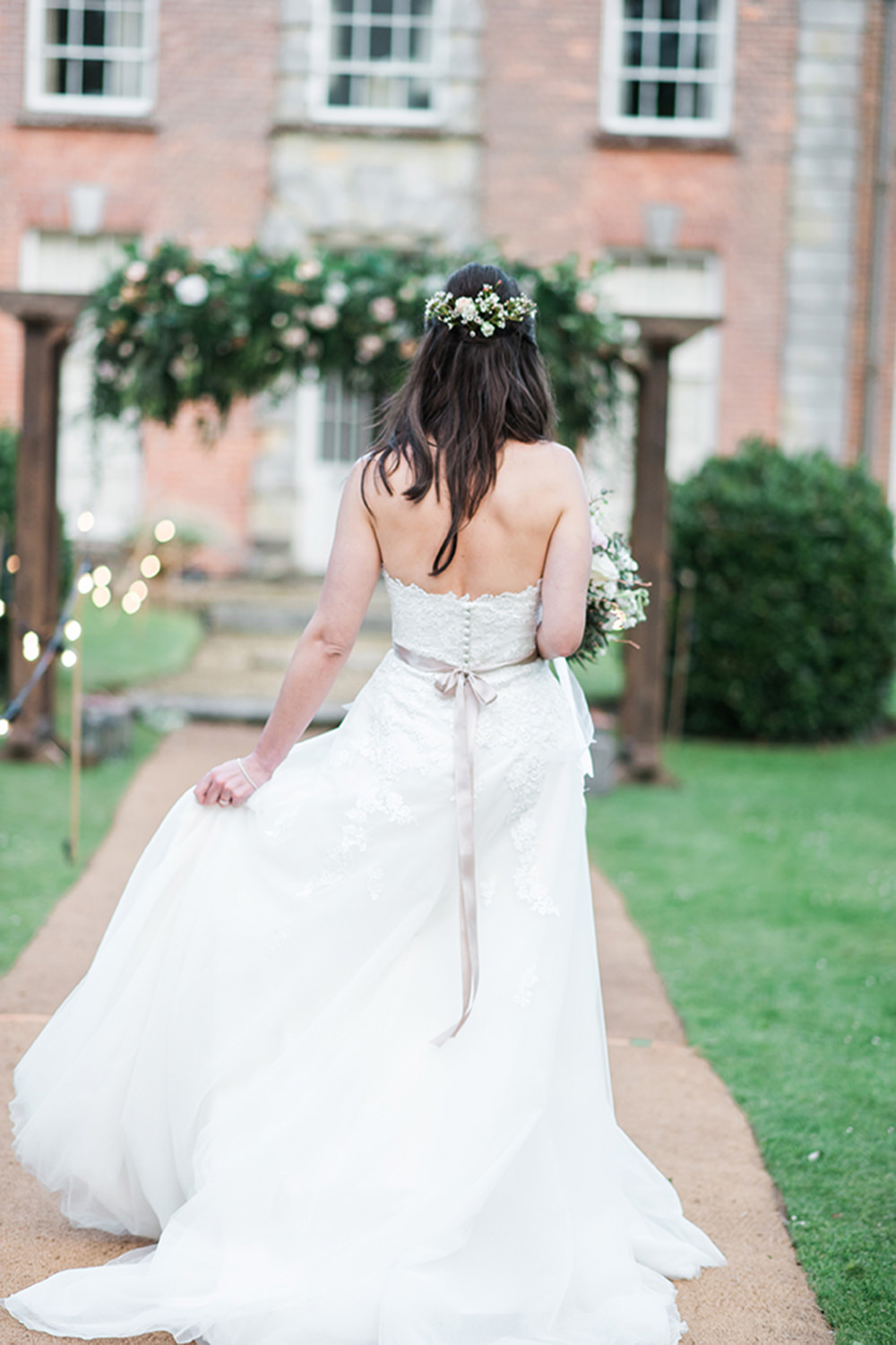 Bride Bridal Gown Dress Strapless Sweetheart Neckline Ribbon Belt Pink Bouquet Edmondsham House Wedding Darima Frampton Photography