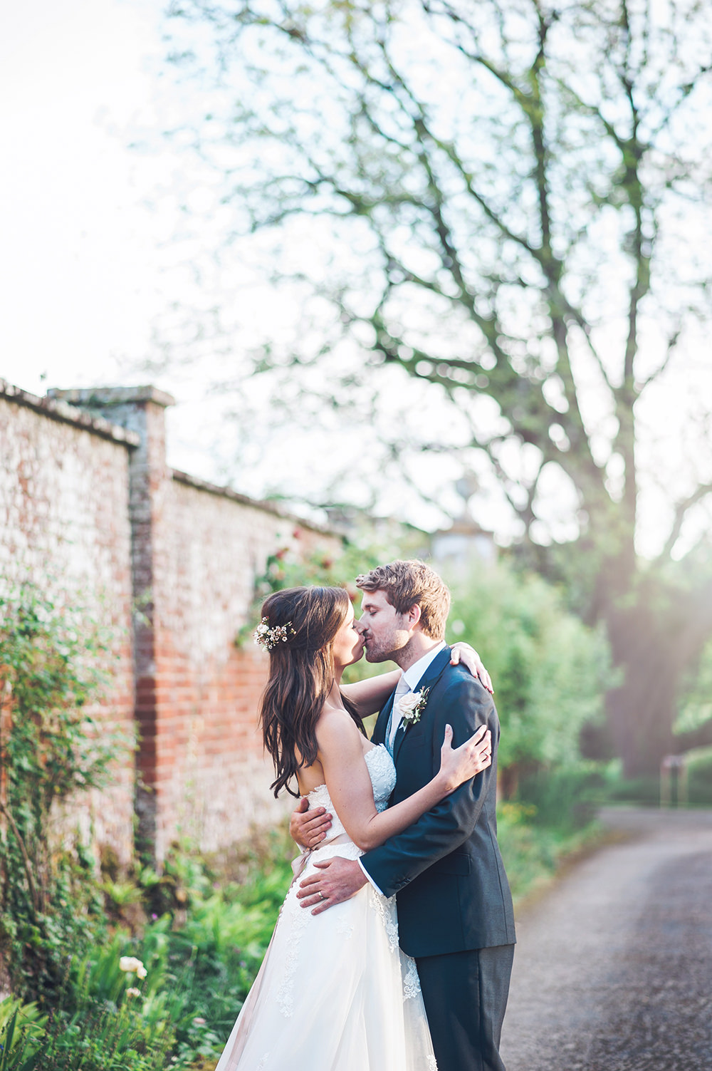 Bride Bridal Gown Dress Strapless Sweetheart Neckline Ribbon Belt Pink Blue Suit Groom Edmondsham House Wedding Darima Frampton Photography