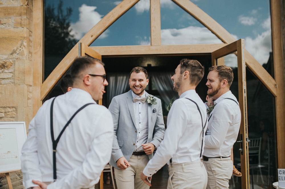 Groom Groomsmen Boq Tie Braces Beige Blue Jacket Chinos Eucalyptus Boho Greenery Barn Wedding Kerry Diamond Photography