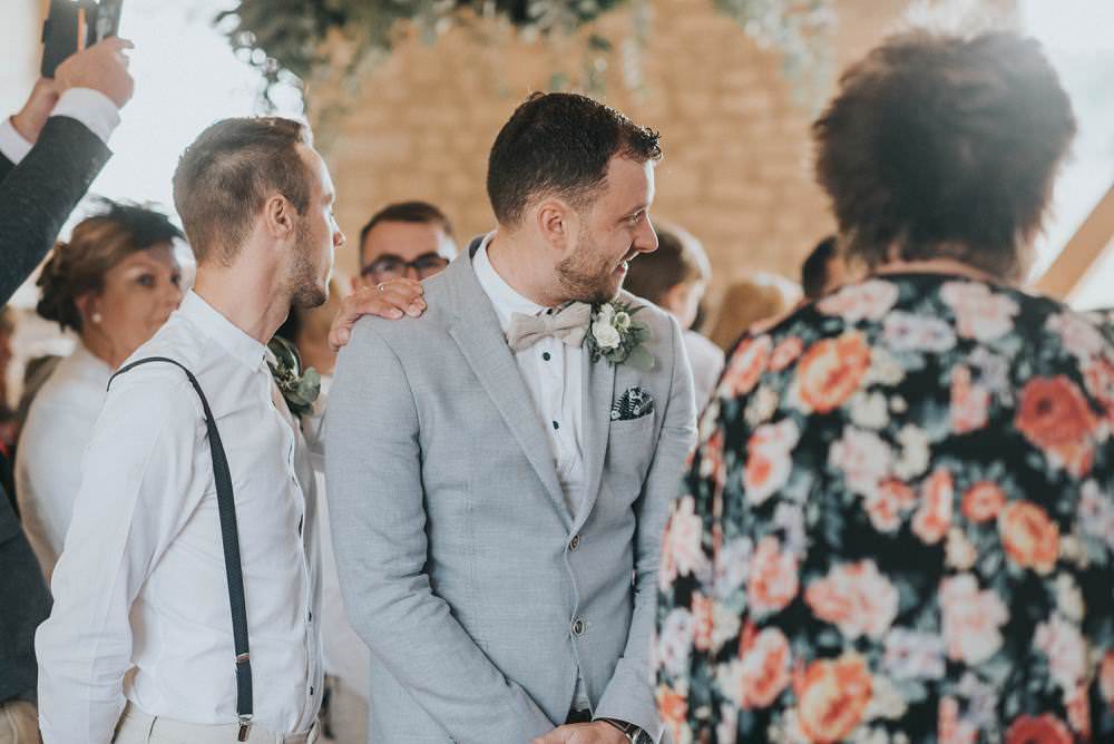 Groom Groomsmen Boq Tie Braces Beige Blue Jacket Chinos Eucalyptus Boho Greenery Barn Wedding Kerry Diamond Photography