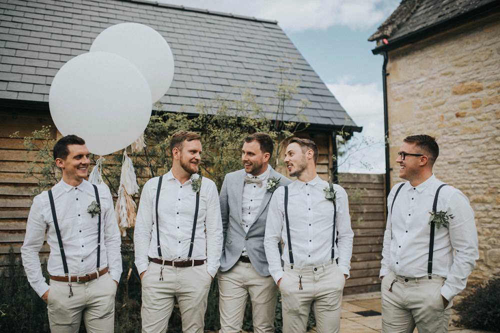 Groom Groomsmen Boq Tie Braces Beige Blue Jacket Chinos Eucalyptus Boho Greenery Barn Wedding Kerry Diamond Photography
