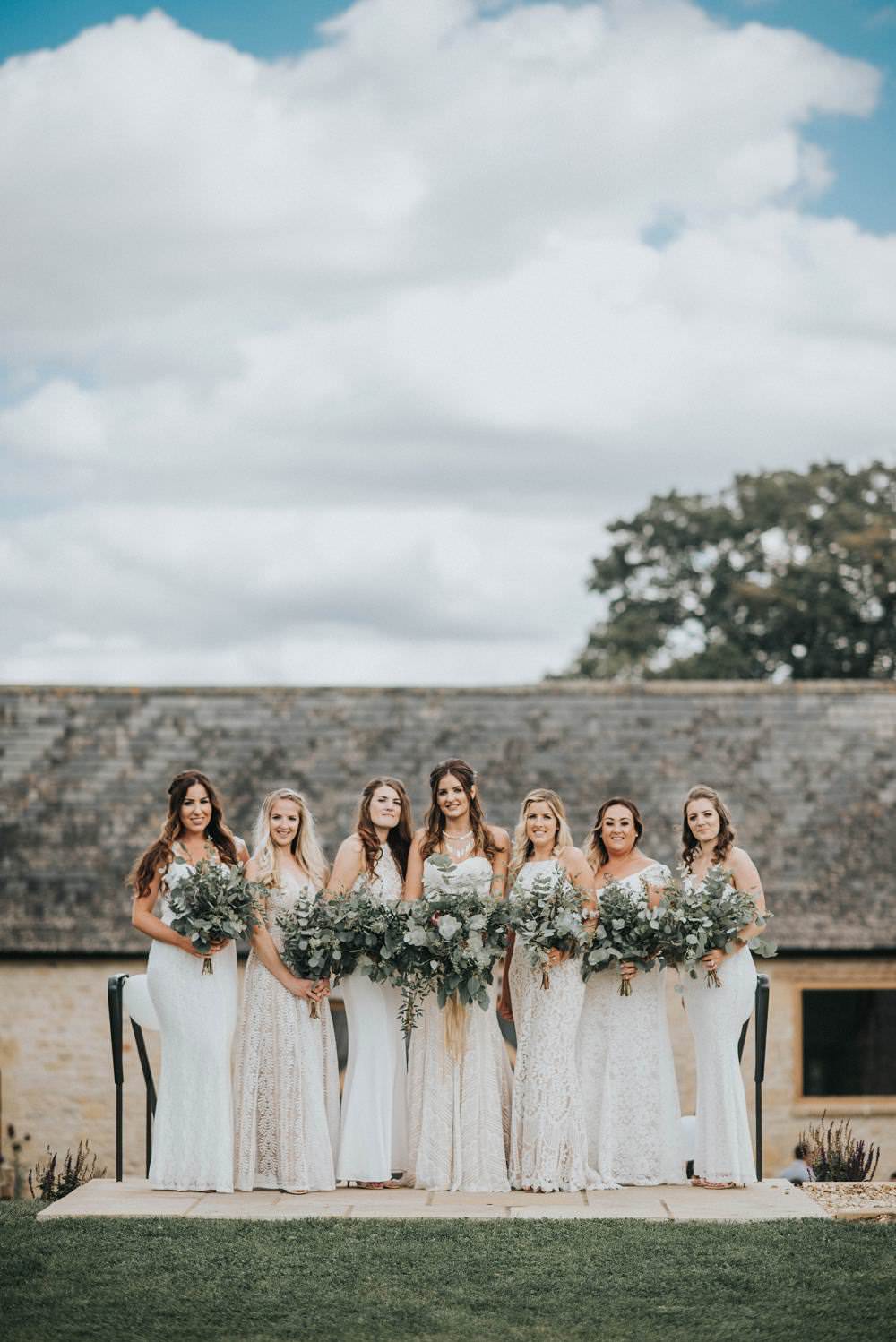 Bridesmaids Bridesmaid Dress Long Maxi Dresses White Beige Cream Foliage Bouquet Bride Bridal Flowers Large Wild Eucalyptus Boho Greenery Barn Wedding Kerry Diamond Photography
