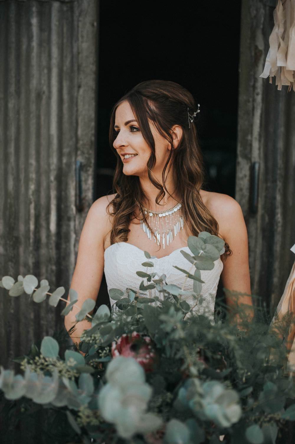 Hair Make Up Foliage Bouquet Bride Bridal Flowers Large Wild Eucalyptus Boho Greenery Barn Wedding Kerry Diamond Photography