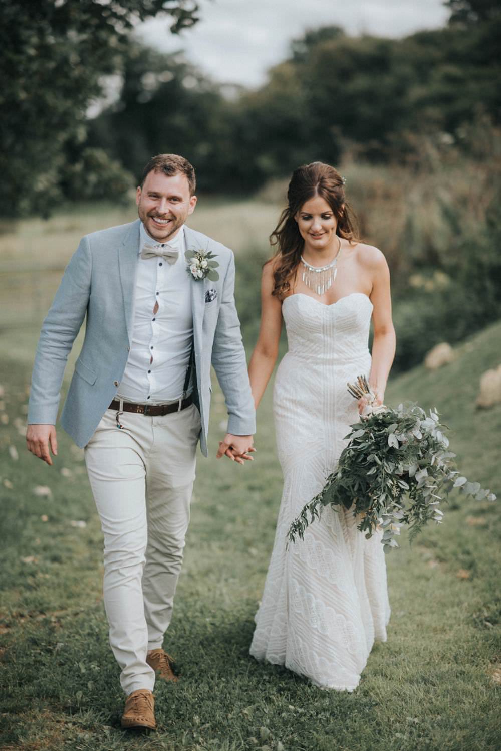 Watters Wtoo Betty Dress Gown Bride Bridal Strapless Sweetheart Fit Flare Groom Groomsmen Boq Tie Braces Beige Blue Jacket Chinos Eucalyptus Boho Greenery Barn Wedding Kerry Diamond Photography