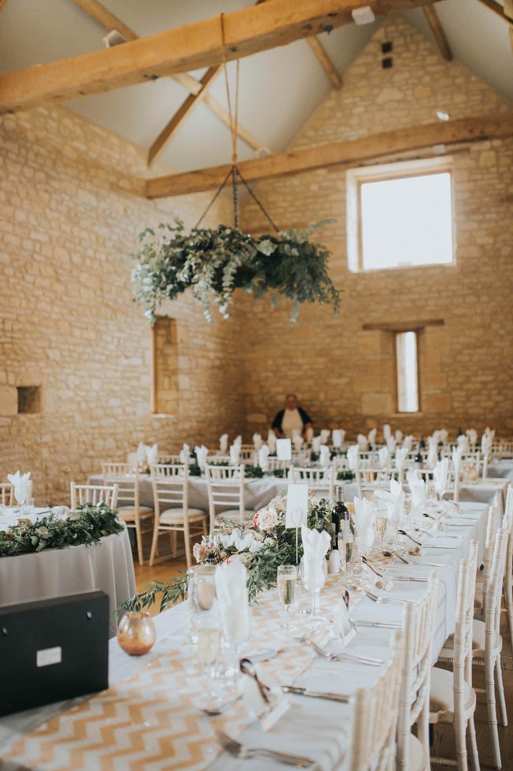 Reception Room Hanging Foliage Chandelier Hoop Wreath Suspended Chairs Eucalyptus Boho Greenery Barn Wedding Kerry Diamond Photography