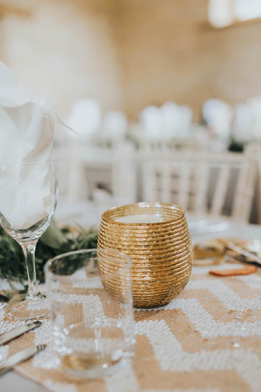Gold Tea Light Candle Chevron Table Cloth Runner Eucalyptus Boho Greenery Barn Wedding Kerry Diamond Photography