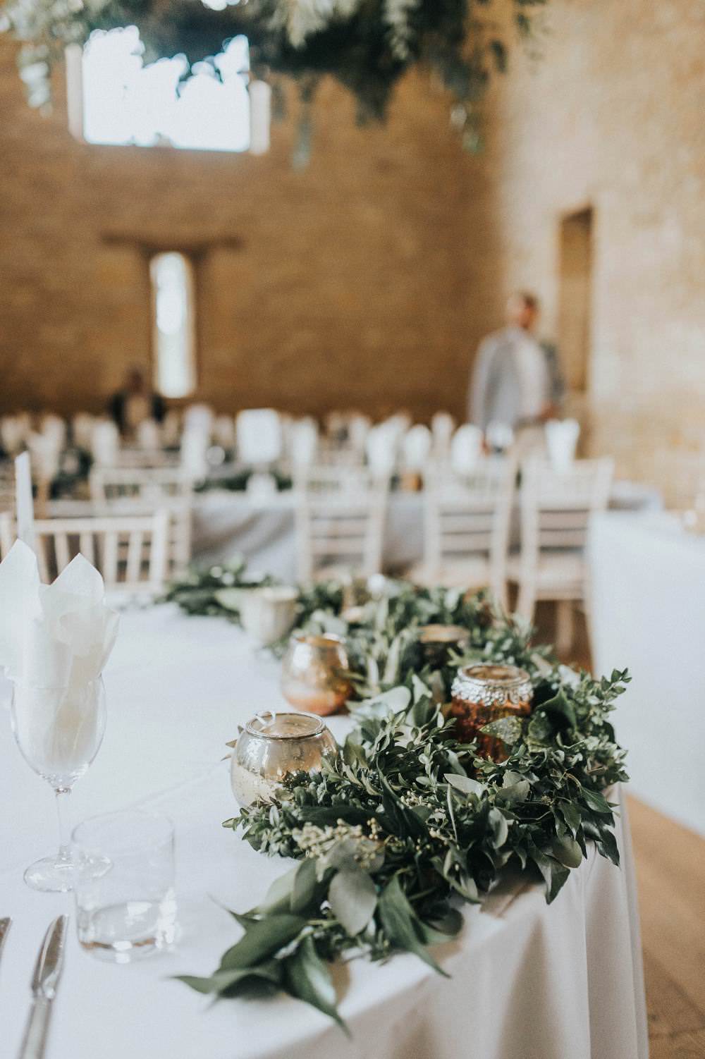 Table Flowers Foliage Round Table Eucalyptus Boho Greenery Barn Wedding Kerry Diamond Photography