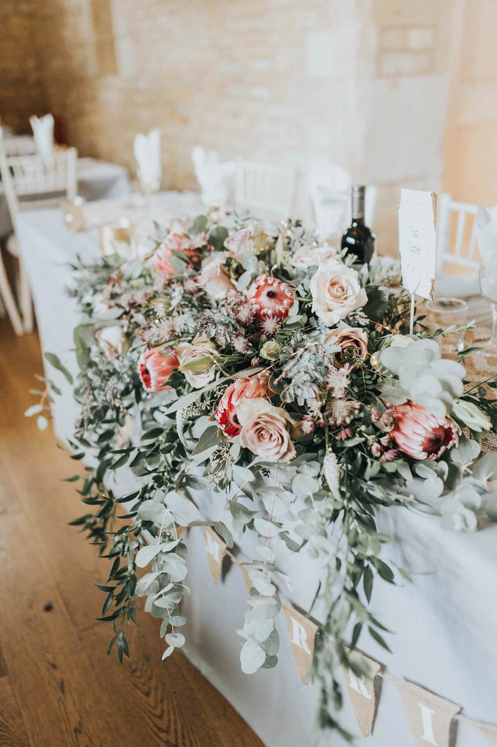 Top Table Flowers Foliage Rose Protea Pink Wild Eucalyptus Boho Greenery Barn Wedding Kerry Diamond Photography
