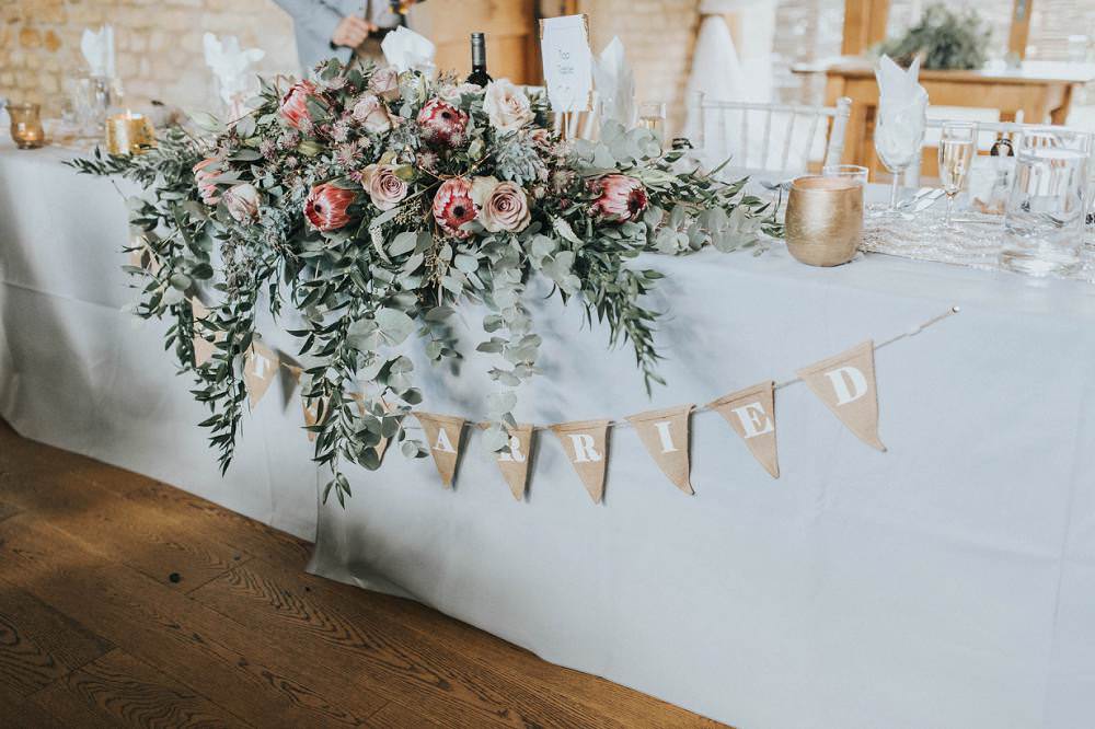 Bunting Top Table Flowers Foliage Rose Protea Pink Wild Eucalyptus Boho Greenery Barn Wedding Kerry Diamond Photography