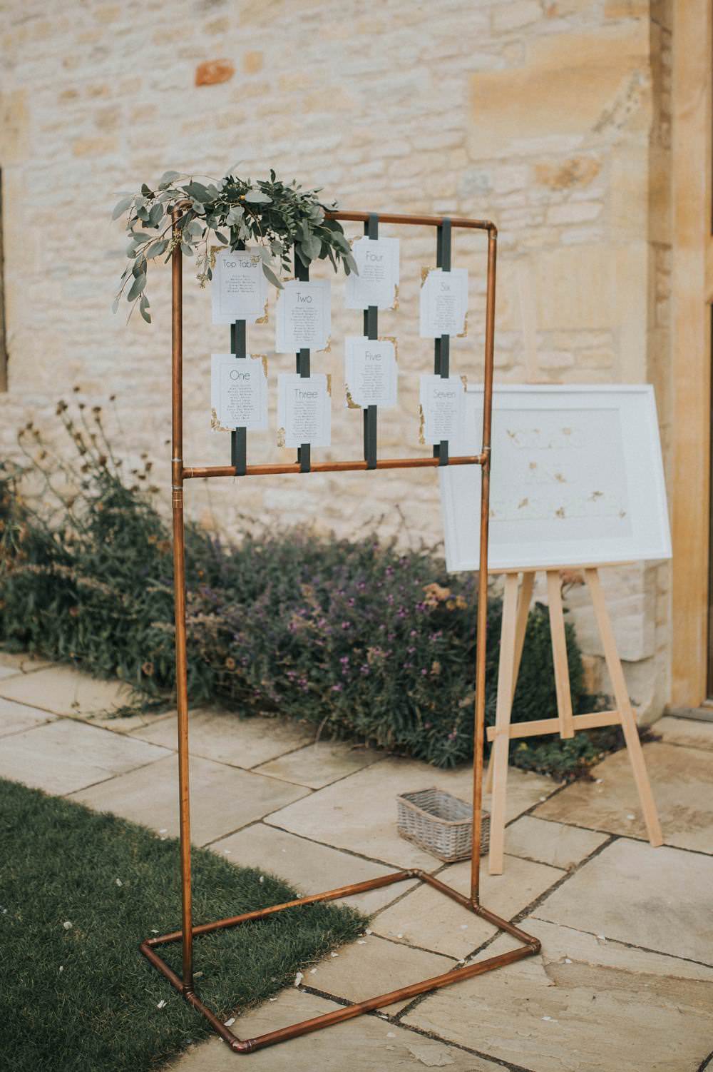 Seating Plan Table Chart Sign Copper Pipe Metal Foliage Eucalyptus Boho Greenery Barn Wedding Kerry Diamond Photography