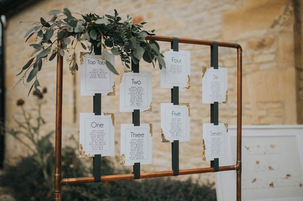 Seating Plan Table Chart Sign Copper Pipe Metal Foliage Eucalyptus Boho Greenery Barn Wedding Kerry Diamond Photography