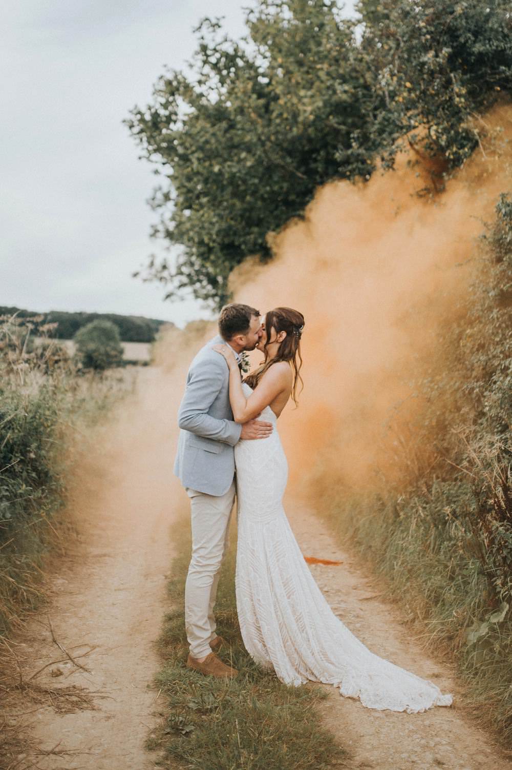 Smoke Bomb Portrait Photo Photograph Eucalyptus Boho Greenery Barn Wedding Kerry Diamond Photography