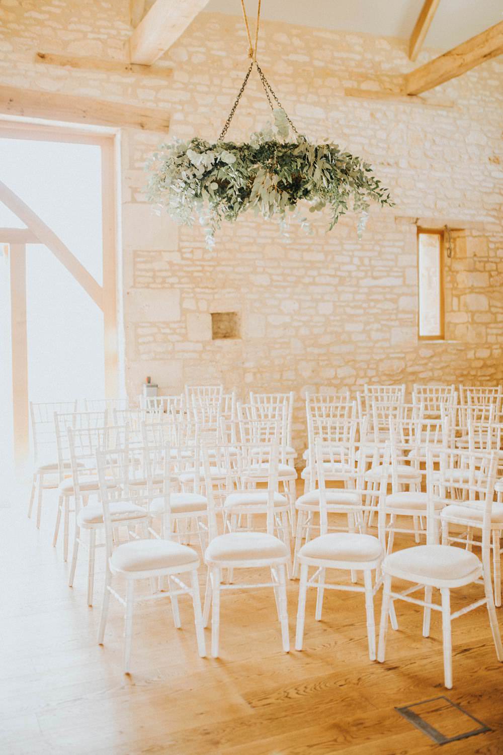 Ceremony Room Hanging Foliage Chandelier Hoop Wreath Suspended Aisle Chairs Eucalyptus Boho Greenery Barn Wedding Kerry Diamond Photography