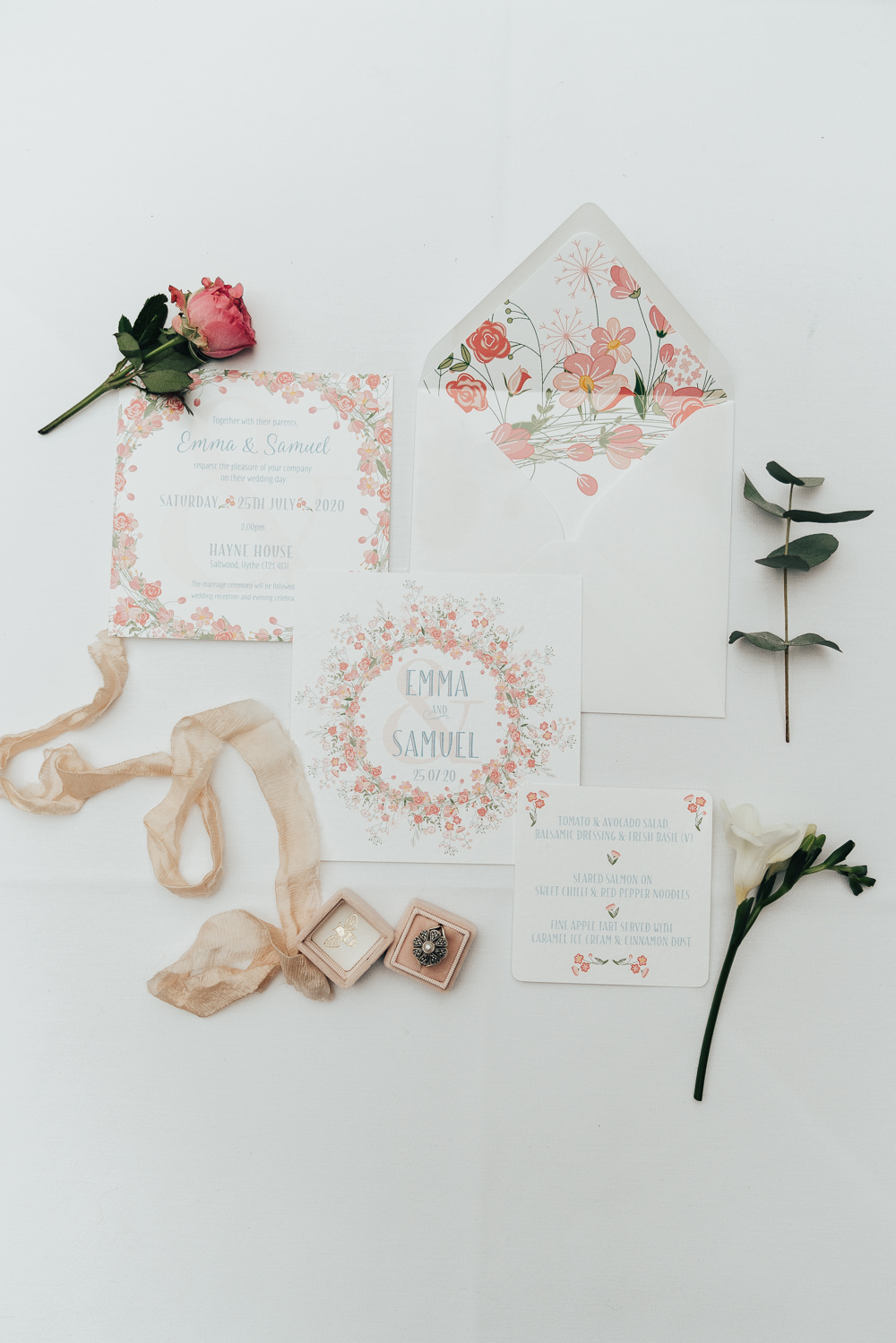 Stationery Invites Invitations Flat Lay Ribbon Flowers Floral Envelope Hoop Wedding Ideas Rebecca Carpenter Photography