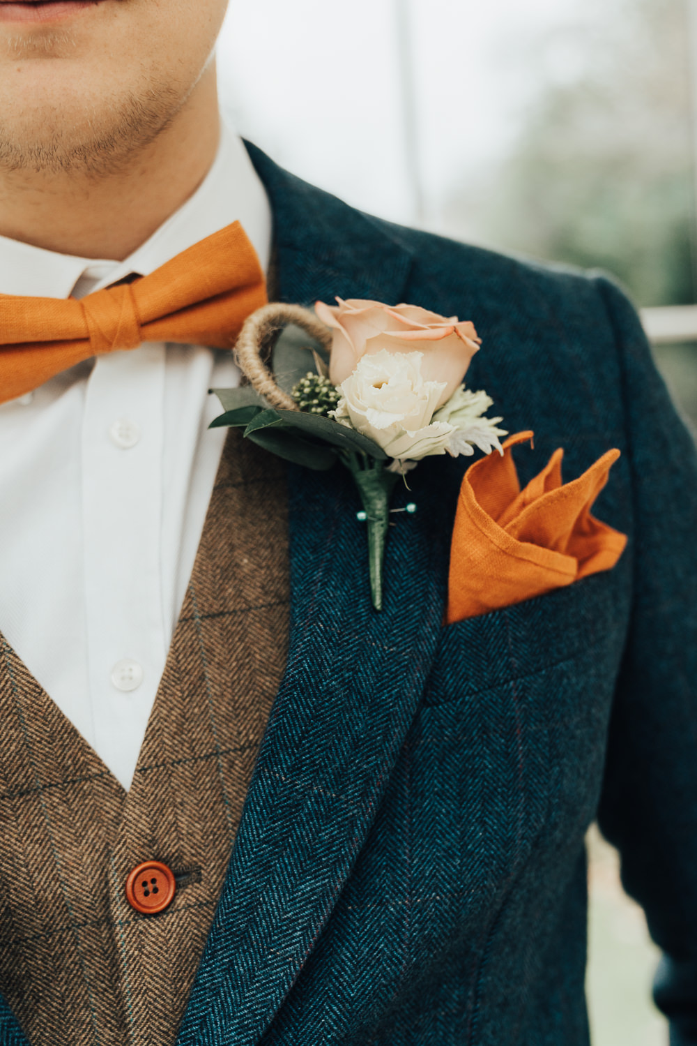 Groom Suit Navy Jacket Tweed Waistcoat Orange Bow Tie Rose Buttonhole Hoop Wedding Ideas Rebecca Carpenter Photography