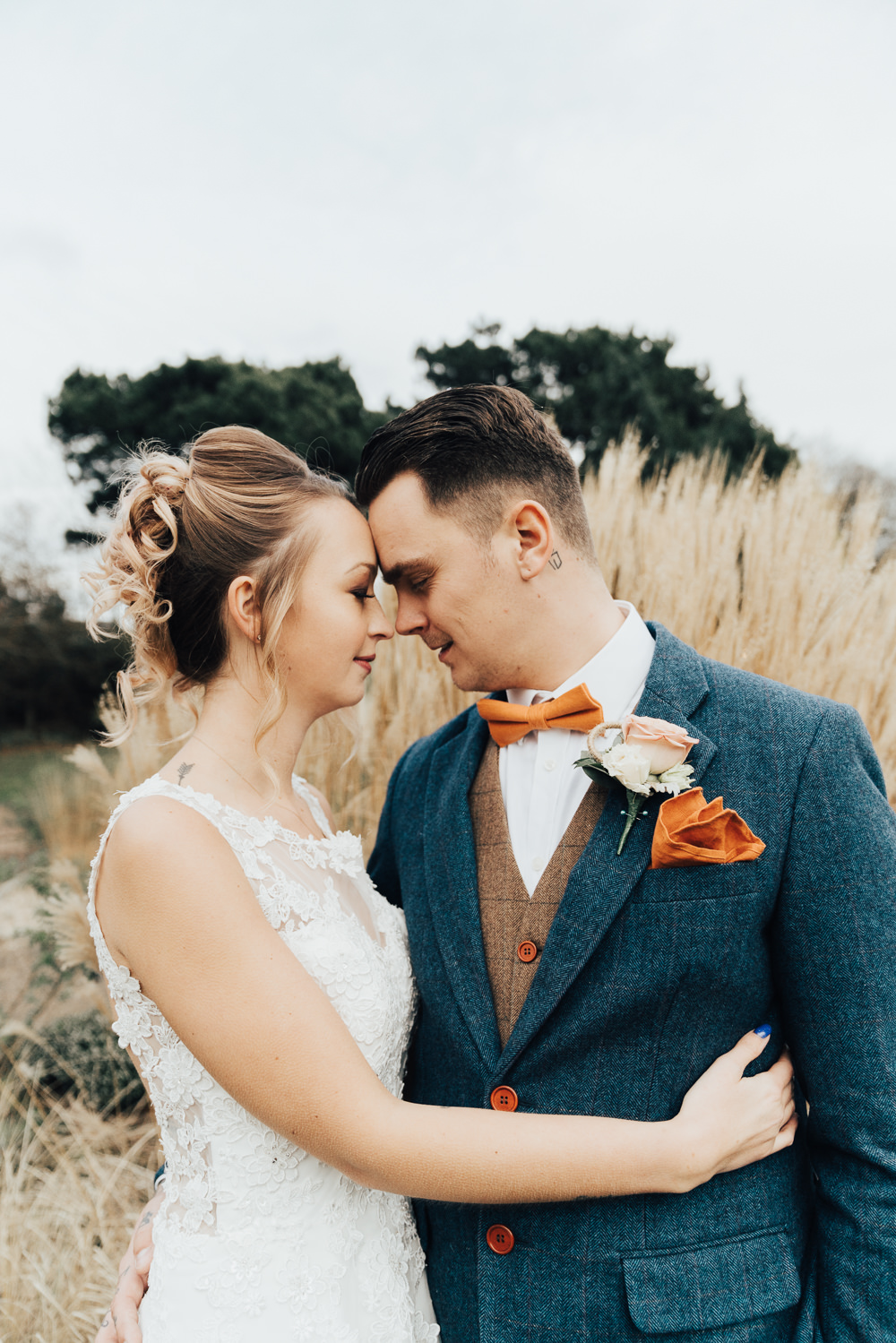 Groom Suit Navy Jacket Tweed Waistcoat Orange Bow Tie Rose Buttonhole Hoop Wedding Ideas Rebecca Carpenter Photography