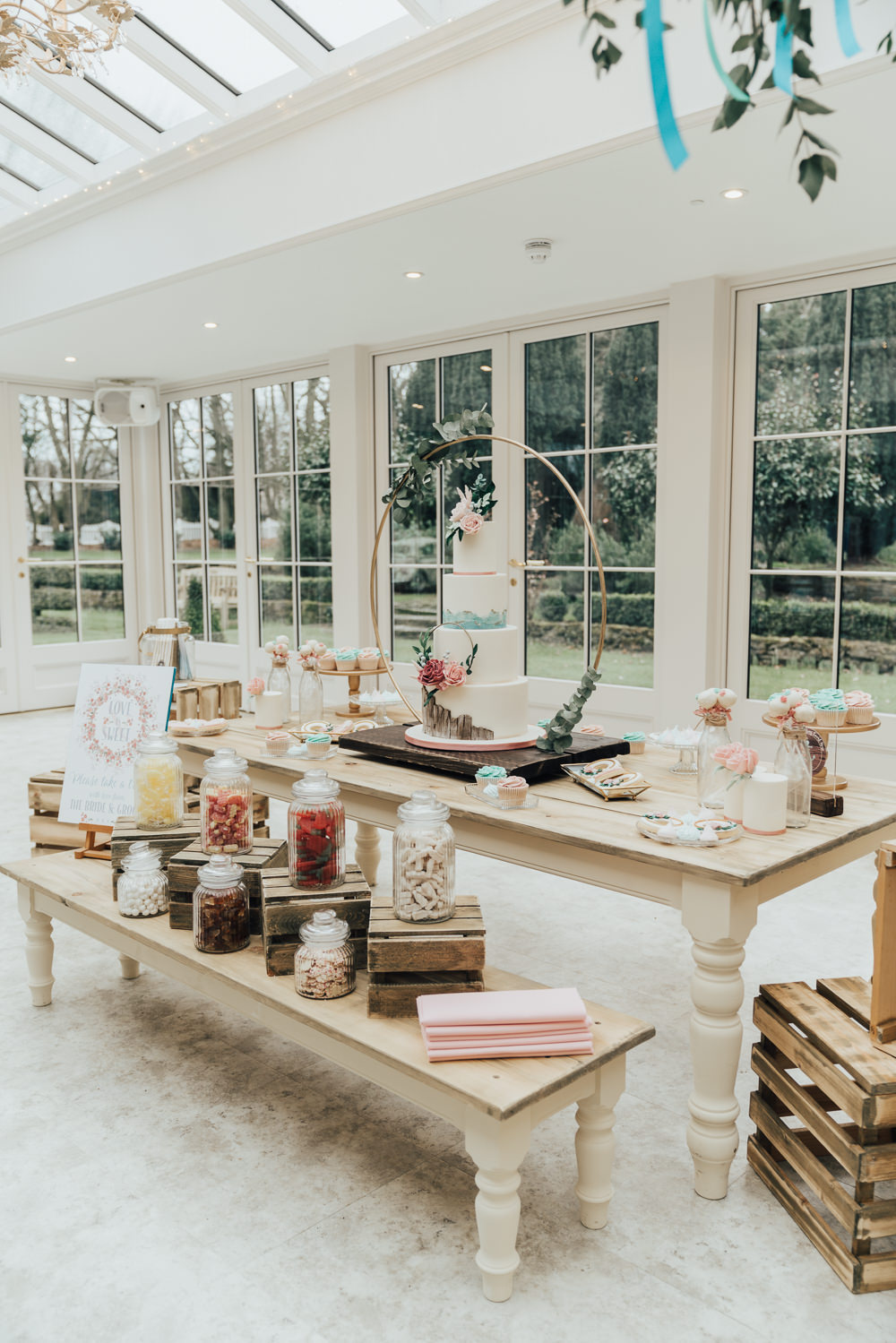 Cake Wreath Floral Flowers Wood Brush Stokes Backdrop Table Dessert Hoop Wedding Ideas Rebecca Carpenter Photography