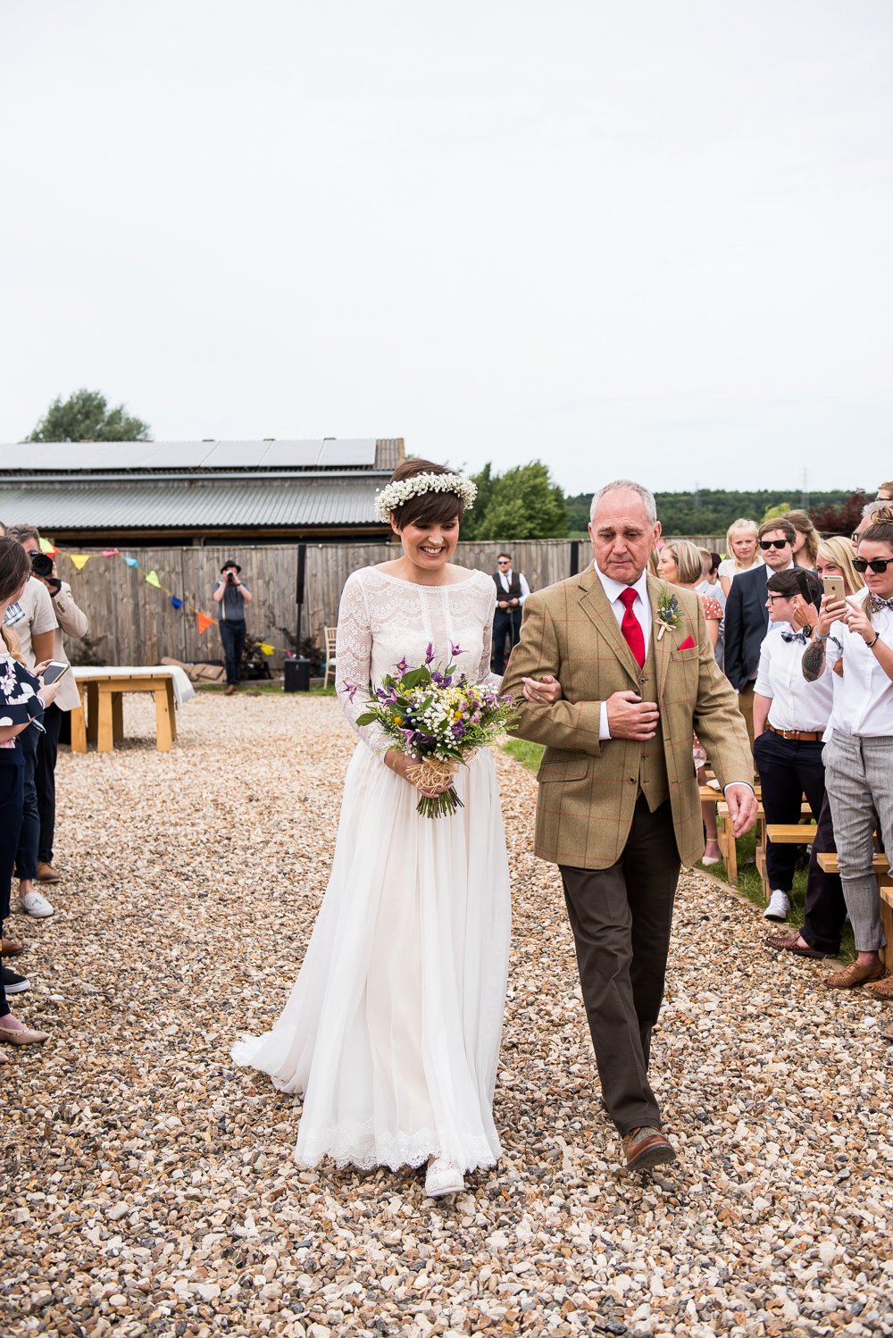 Bride Bridal Long Sleeve Lace Dress Lace Tweed Suit Gypsophila Crown Wildflower Bouquet Inkersall Grange Farm Wedding Jessica Grace Photography