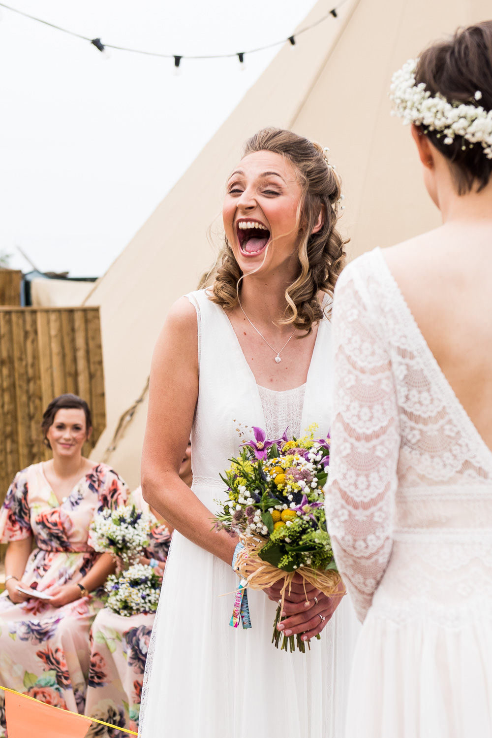 Bride Bridal Long Sleeve Lace Dress Lace Sleeveless Gypsophila Crown Wildflower Bouquet Inkersall Grange Farm Wedding Jessica Grace Photography