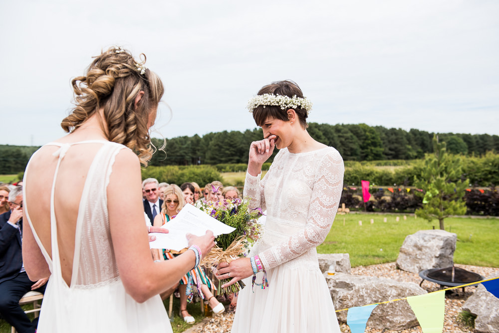 Bride Bridal Long Sleeve Lace Dress Lace Sleeveless Gypsophila Crown Wildflower Bouquet Inkersall Grange Farm Wedding Jessica Grace Photography