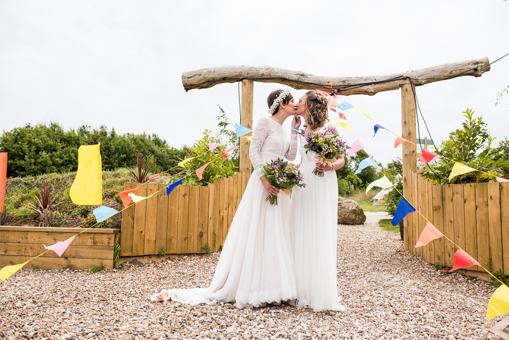 Bride Bridal Long Sleeve Lace Dress Lace Sleeveless Gypsophila Crown Wildflower Bouquet Multicolour Bunting Inkersall Grange Farm Wedding Jessica Grace Photography