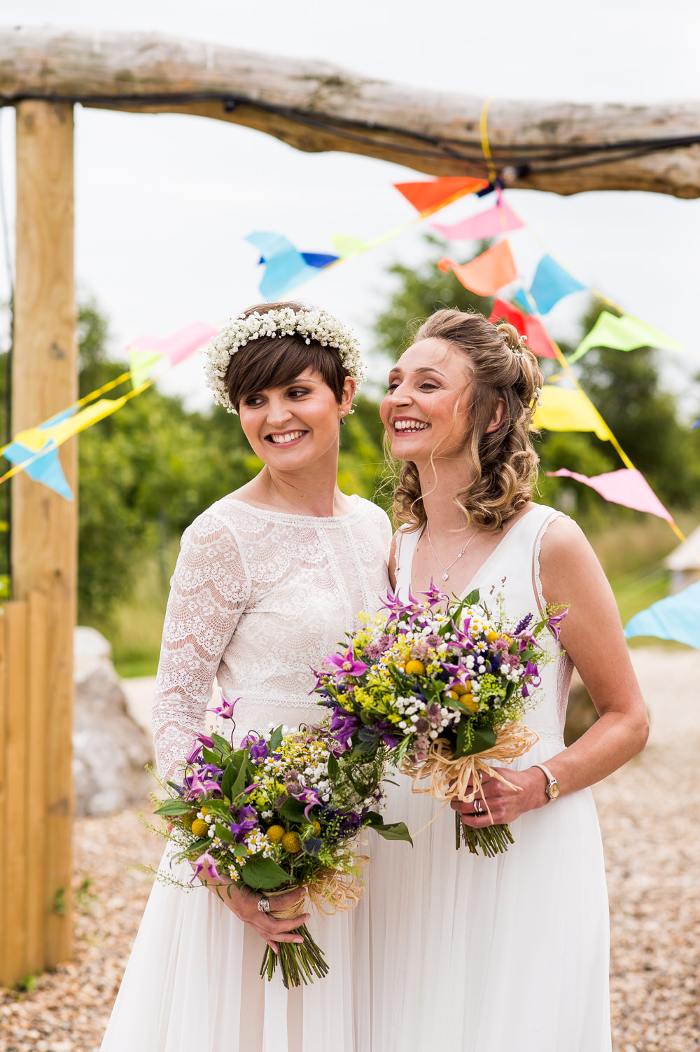 Bride Bridal Long Sleeve Lace Dress Lace Sleeveless Gypsophila Crown Wildflower Bouquet Inkersall Grange Farm Wedding Jessica Grace Photography