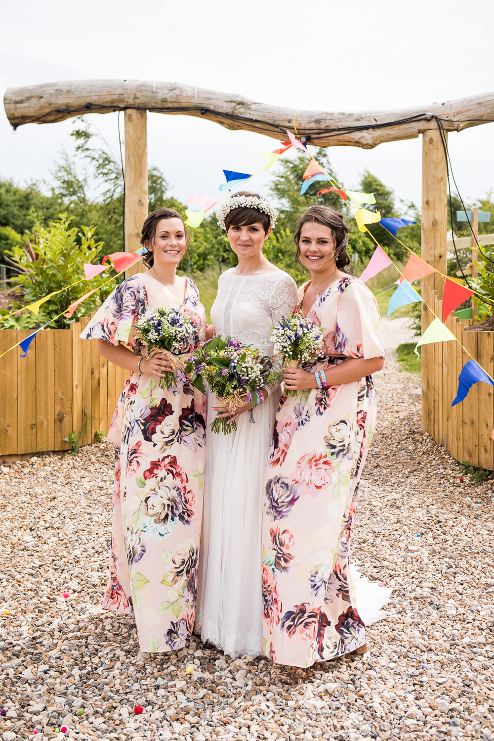Bride Bridal Long Sleeve Lace Dress Lace Gypsophila Crown Wildflower Bouquet Floral ASOS Bridesmaids Inkersall Grange Farm Wedding Jessica Grace Photography